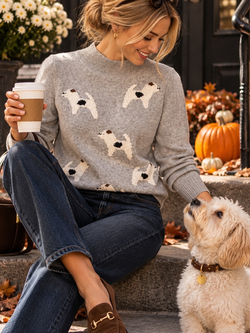 LOFT Puppy Dog Embroidered Sweater Gray Cotton Wool Blend Mock Neck Small - Picture 2 of 7